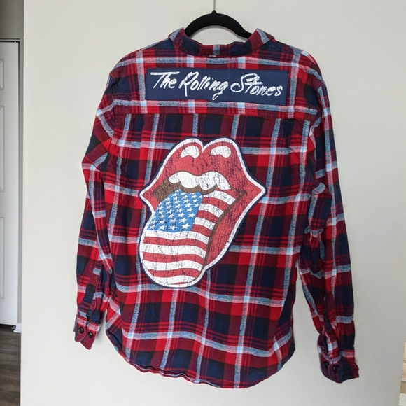 Rolling Stones Band Red Blue Custom Upcycled Flannel Button Down Sz Men's XL - Picture 2 of 8